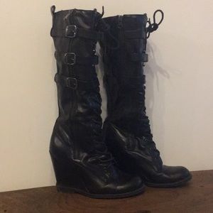 Size 7 black vegan leather lace up wedge boots